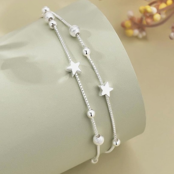 925 Sterling Silver Double Star and Bead Charm Bracelet - Picture 6 of 7